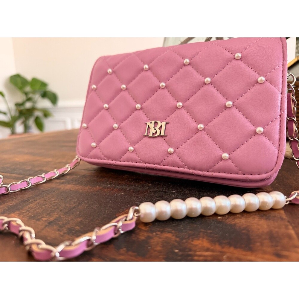 Badgley Mischka Pink Diamond Quilted Pearl Flap Crossbody Shoulder Bag - Picture 6 of 8